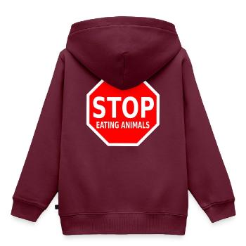 STOP EATING ANIMALS - Kinder Premium Organic Hoodie - Burgunderrot - Hinten - AI Model Kid Female (0cm)