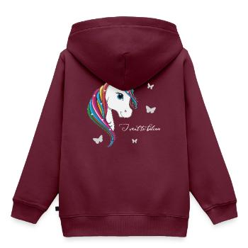lorey.w "Einhorn - I want to believe" - Kinder Premium Organic Hoodie - Burgunderrot - Hinten - AI Model Kid Female (0cm)