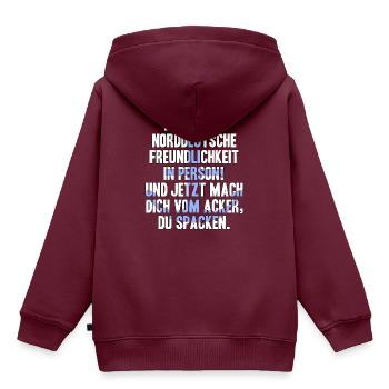 ICH BIN DIE NORDDEUTSCHE FREUNDLICHKEIT IN PERSON! - Kinder Premium Organic Hoodie - Burgunderrot - Hinten - AI Model Kid Female (0cm)
