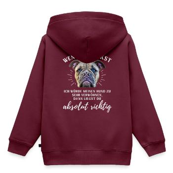 BULLDOGGE VERWÖHNEN Bulldog Bulldogge Bulldoggen - Kinder Premium Organic Hoodie - Burgunderrot - Hinten - AI Model Kid Female (0cm)