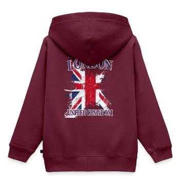 London -Union Jack - Kinder Premium Organic Hoodie - Burgunderrot - Hinten - AI Model Kid Female (0cm)