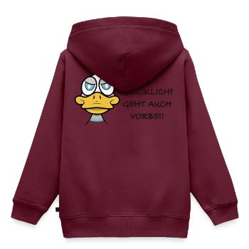 Glücklich geht auch vorbei! - Kinder Premium Organic Hoodie - Burgunderrot - Hinten - AI Model Kid Female (0cm)