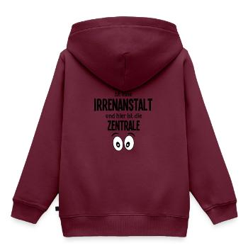 Die Welt ist eine Irrenanstalt, Zentrale Irrenhaus - Kinder Premium Organic Hoodie - Burgunderrot - Hinten - AI Model Kid Female (0cm)