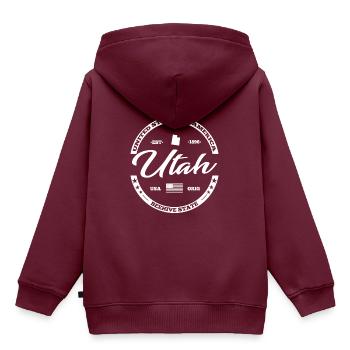Utah - Kinder Premium Organic Hoodie - Burgunderrot - Hinten - AI Model Kid Female (0cm)