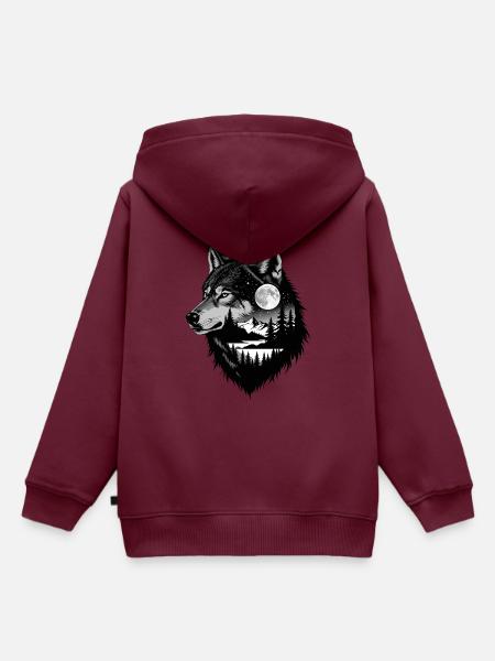 Schwarzer Wolf Wolfportrait. Wolfdesign - Kinder Premium Organic Hoodie - Burgunderrot
