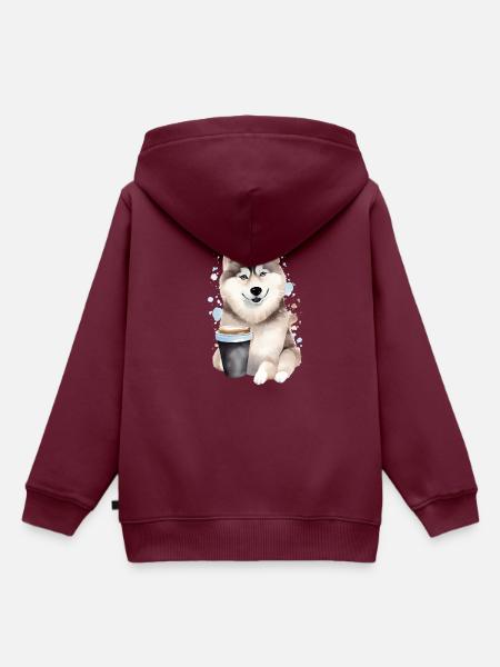 Husky mit Kaffee -Aquarellstil - Kinder Premium Organic Hoodie - Burgunderrot