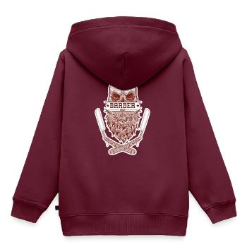 Ein Totenkopf mit Bart, umrahmt von Rasierklingen. - Kinder Premium Organic Hoodie - Burgunderrot - Hinten - AI Model Kid Female (0cm)