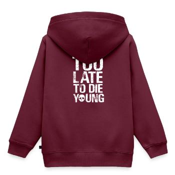 Too late to die young - Kinder Premium Organic Hoodie - Burgunderrot - Hinten - AI Model Kid Female (0cm)