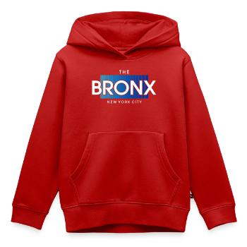 Texte de la ligne d’horizon du Bronx en dégradé bleu - Sweat Premium à capuche enfant bio - rouge - Devant - AI Model Kid Female (0cm)