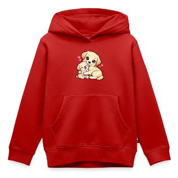 Maman chien et son petit chiot doux câlins - Sweat Premium à capuche enfant bio - rouge - Devant - AI Model Kid Female (0cm)
