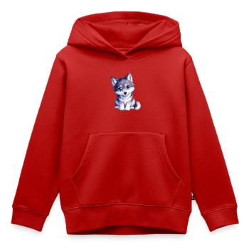 Chiot loup câlin aux yeux bleus - Sweat Premium à capuche enfant bio - rouge - Devant - AI Model Kid Female (0cm)