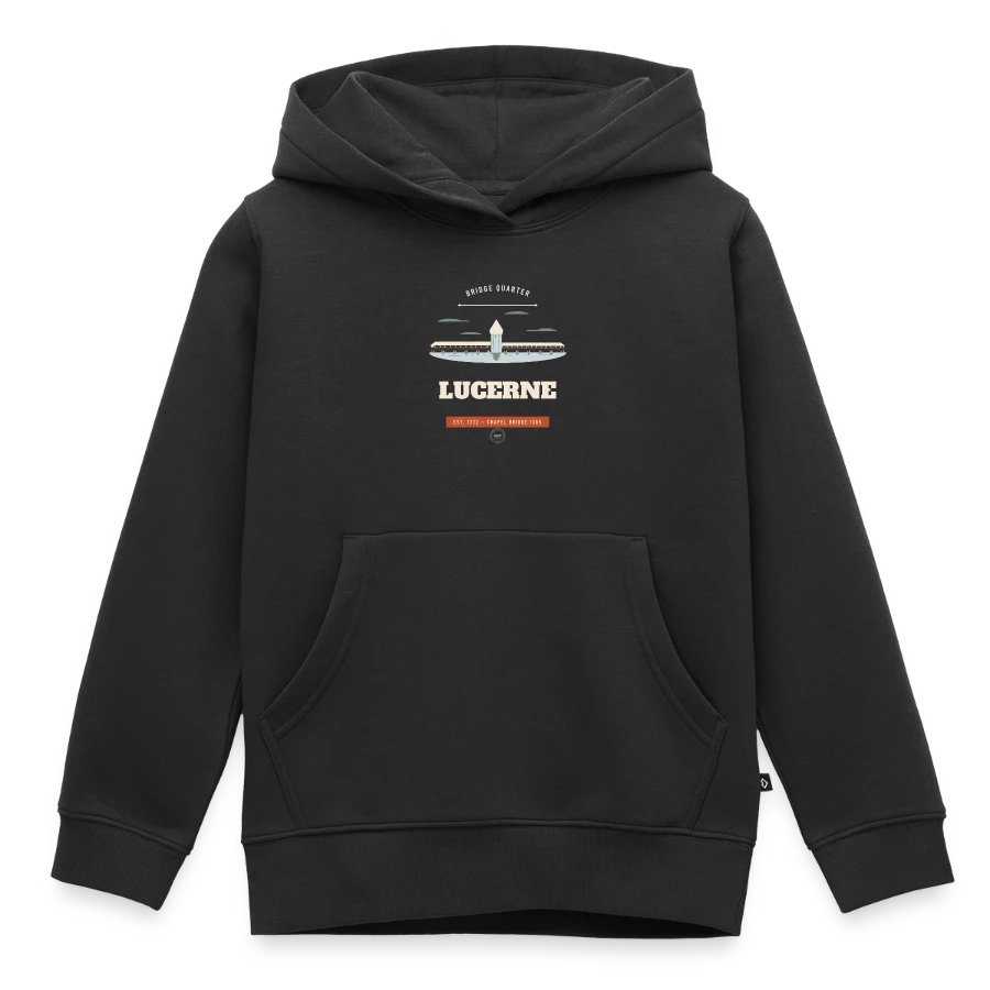 Lucerne-märke på en kids premium organic hoodie, black