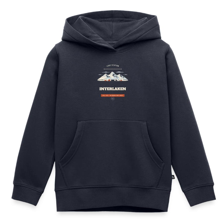 Interlaken badge on a kids premium organic hoodie, navy