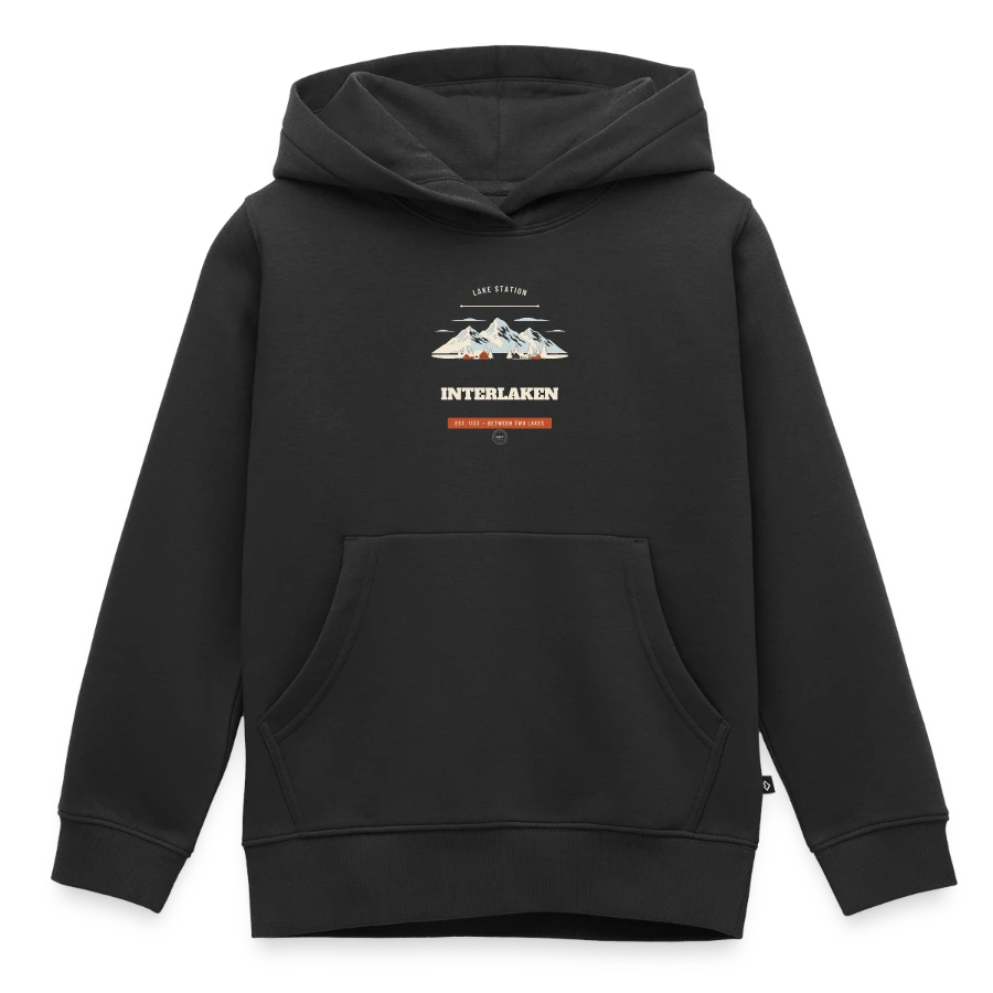 Interlaken badge on a kids premium organic hoodie, black