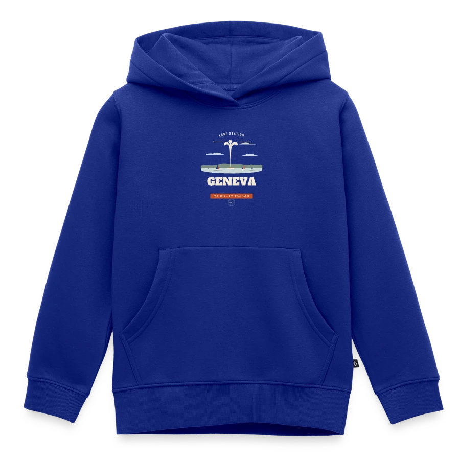Geneva badge on a kids premium organic hoodie, royal blue