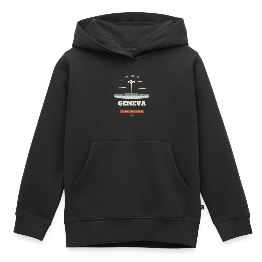 Geneva badge on a kids premium organic hoodie, black