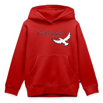 Confirmation 2026 Confirmation Le pigeon vole haut - Sweat Premium à capuche enfant bio - rouge - Devant - AI Model Kid Female (0cm)