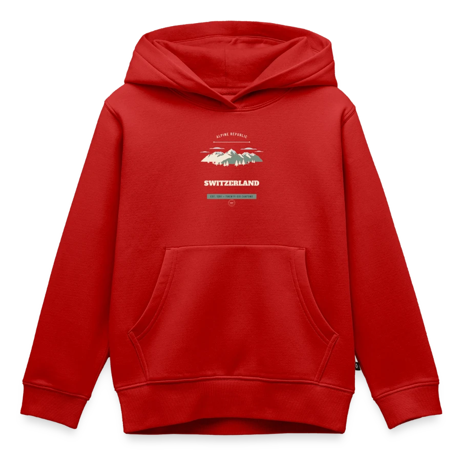 Switzerland badge on a kids premium organic hoodie, red