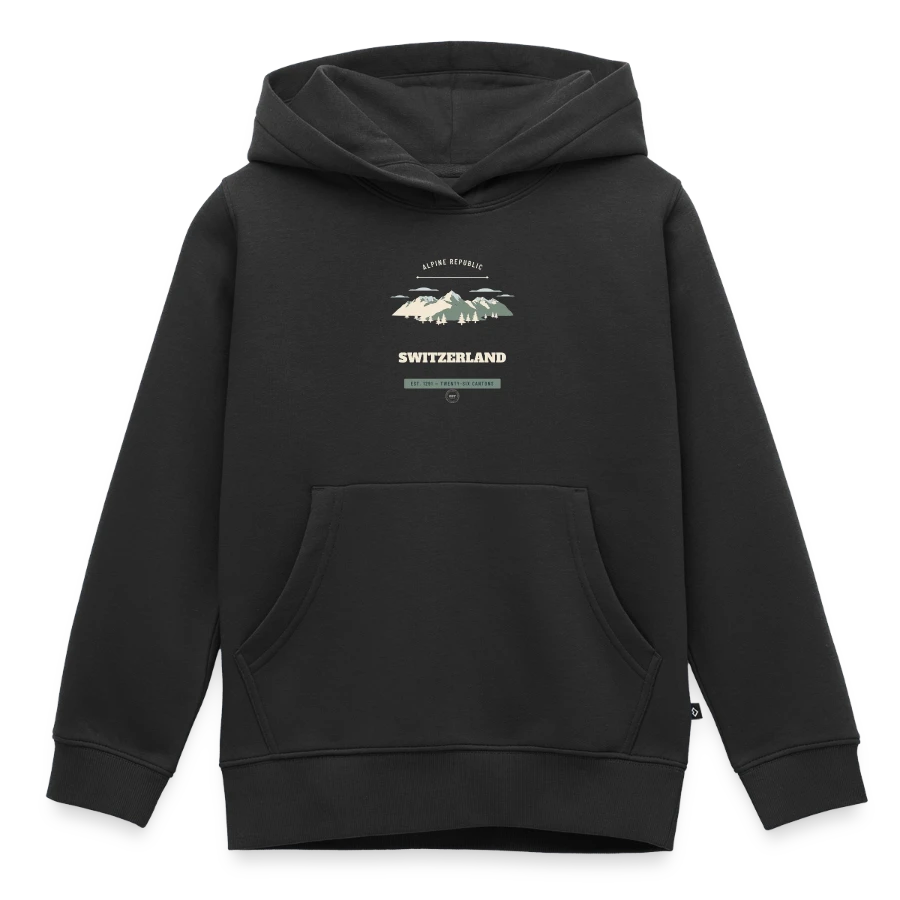 Switzerland badge on a kids premium organic hoodie, black