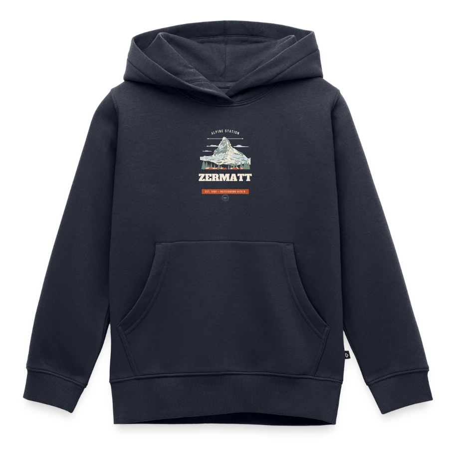 Zermatt badge on a kids premium organic hoodie, navy
