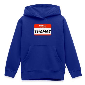 Bonjour, je m’appelle Thomas Étiquette Étiquette Étiquette - Sweat Premium à capuche enfant bio - bleu roi - Devant - AI Model Kid Male (0cm)