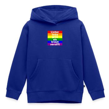 ICH BIN GERNE LINKS GRÜN VERSIFFT, NO NZS, FRIEDEN - Kinder Premium Organic Hoodie - Royalblau - Vorne - AI Model Kid Male (0cm)