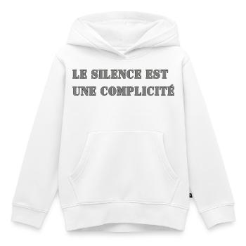 SILENCE IS COMPLICITY - Kids Premium Organic Hoodie - white - Front - AI Model Kid Female (0cm)