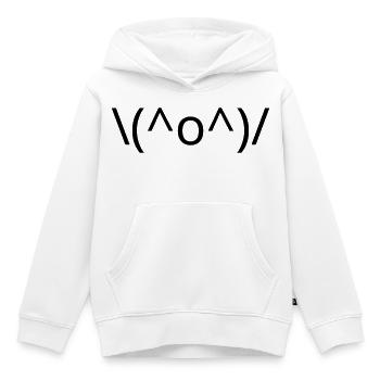 Emote \(^o^)/ de joie, bras levés Kaomoji - Sweat Premium à capuche enfant bio - blanc - Devant - AI Model Kid Female (0cm)