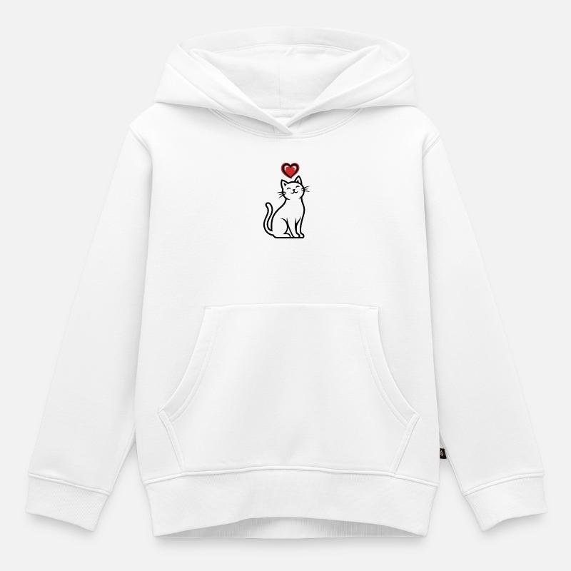 Dessin au trait de chat en forme de cœur - Sweat Premium à capuche enfant bio - blanc