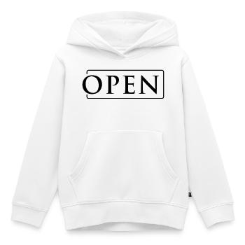 OPEN in Rahmen - Kinder Premium Organic Hoodie - Weiß - Vorne - AI Model Kid Female (0cm)