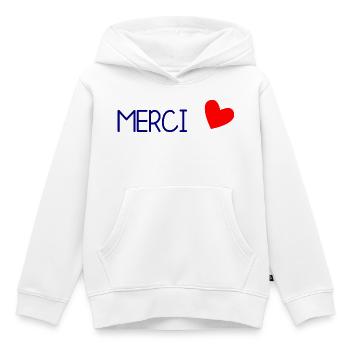 MAÎTRESSE. MAITRE. MERCI. MERCI MAÎTRESSE. MAITRES - Sweat Premium à capuche enfant bio - blanc - Devant - AI Model Kid Female (0cm)