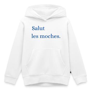 Salut les m Typographie Bleue - Sweat Premium à capuche enfant bio - blanc - Devant - AI Model Kid Female (0cm)