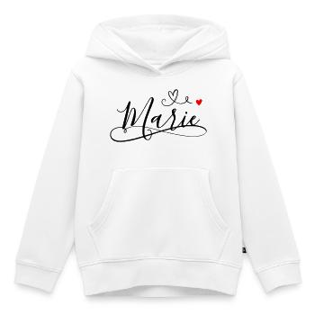Nom de famille Marie prénom avec décoration en cœur - Sweat Premium à capuche enfant bio - blanc - Devant - AI Model Kid Female (0cm)