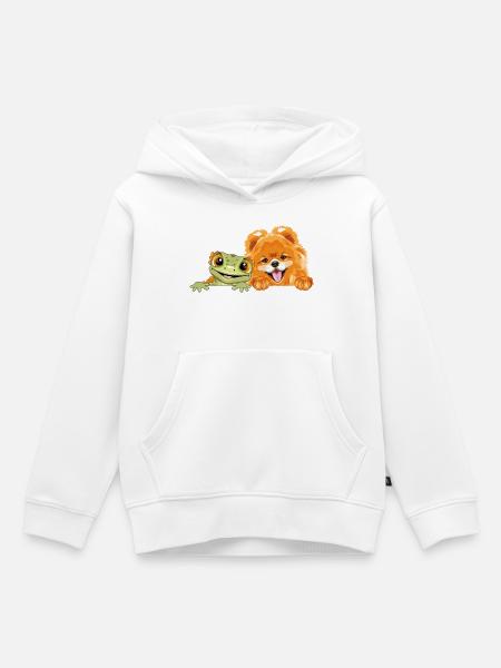 Peeking_Pomeranian_dog_and_funny_smiling_gecko - Kinder Premium Organic Hoodie - Weiß