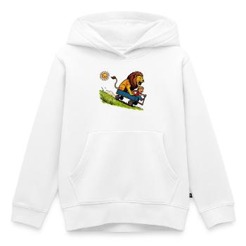 Promenade en lion sauvage dans une charrette bleue - Sweat Premium à capuche enfant bio - blanc - Devant - AI Model Kid Female (0cm)