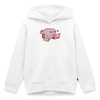 Un joli phoque dodu qui se détend avec un ordinateur portable et du thé boba - Sweat Premium à capuche enfant bio - blanc - Devant - AI Model Kid Female (0cm)