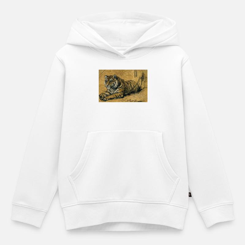 Croquis du tigre sur couleur sable - Sweat Premium à capuche enfant bio - blanc