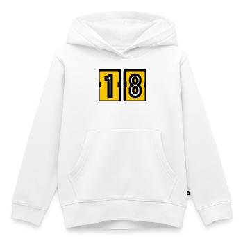 18. 18 ANS. 18e ANNIVERSAIRE. ANNIVERSAIRE 18 ANS. - Sweat Premium à capuche enfant bio - blanc - Devant - AI Model Kid Female (0cm)