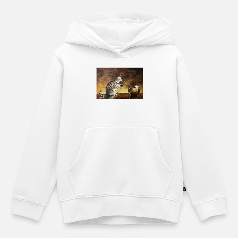 Chat pêcheur et poisson rouge dans le bocal - Sweat Premium à capuche enfant bio - blanc