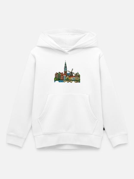 Niederländische Kanalhäuser Windmühlen-Retro-Skizze - Kinder Premium Organic Hoodie - Weiß