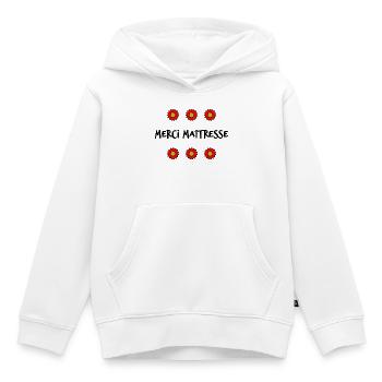 MAÎTRESSE. MAITRE. MERCI. MERCI MAÎTRESSE - Sweat Premium à capuche enfant bio - blanc - Devant - AI Model Kid Female (0cm)