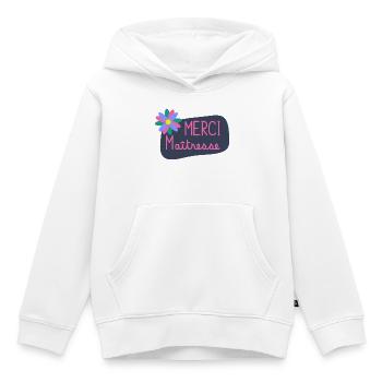 MAÎTRESSE. MAITRE. MERCI. MERCI MAÎTRESSE - Sweat Premium à capuche enfant bio - blanc - Devant - AI Model Kid Female (0cm)