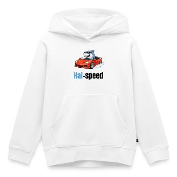 Haispeed | Un requin de dessin animé cool dans une voiture de sport - Sweat Premium à capuche enfant bio - blanc - Devant - AI Model Kid Female (0cm)
