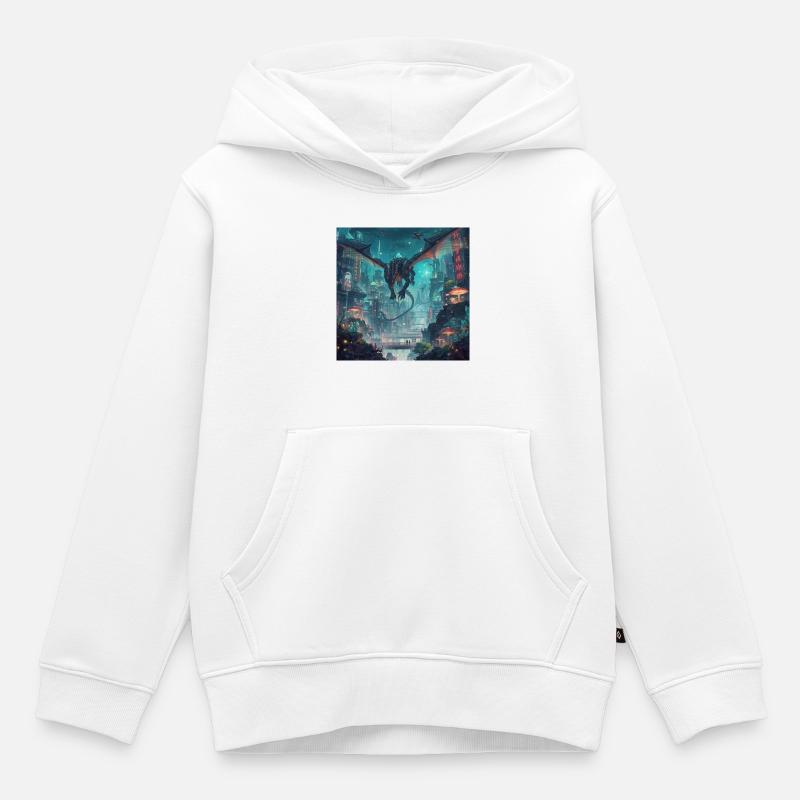 Dragon néon sur la mégapole - Sweat Premium à capuche enfant bio - blanc