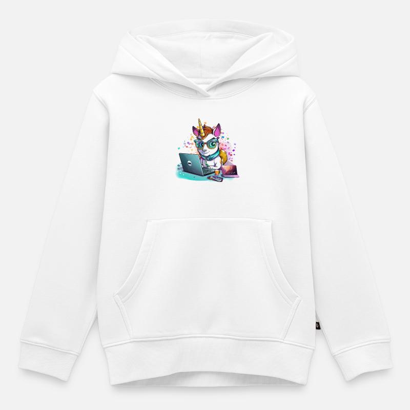Licorne d’ordinateur portable avec lunettes et paillettes - Sweat Premium à capuche enfant bio - blanc