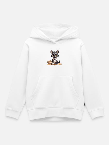 Kaffeezeit Katze mit Teekanne - Kinder Premium Organic Hoodie - Weiß