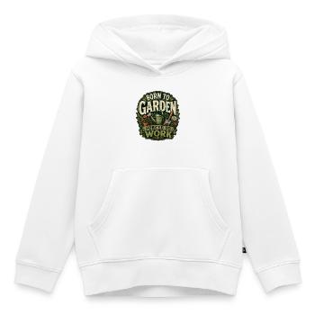 Né dans le jardin : forcé de travailler - Sweat Premium à capuche enfant bio - blanc - Devant - AI Model Kid Female (0cm)