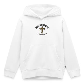 Anticonformiste Chrétien Romains 12:2 Croix d'Or - Sweat Premium à capuche enfant bio - blanc - Devant - AI Model Kid Female (0cm)