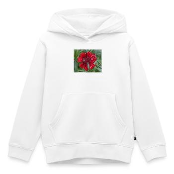 Rote Kleinblattblüte, bedeckt mit Wassertropfen, - Kinder Premium Organic Hoodie - Weiß - Vorne - AI Model Kid Female (0cm)