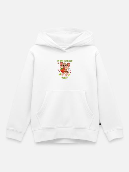 Maus auf 1. Geburtstag mit Erdbeere - Kinder Premium Organic Hoodie - Weiß